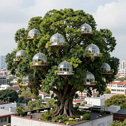 Photograph of a large tree with multiple glass birdcages nestled in its branches, set against an urban background with buildings.