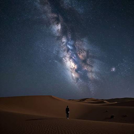 Photograph of a lone figure walking in a desert at night, with the Milky Way galaxy illuminating the starry sky above.