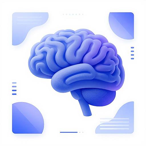 Digital illustration of a blue, abstract, 3D-rendered human brain with smooth, curved folds and geometric blue shapes in the background.