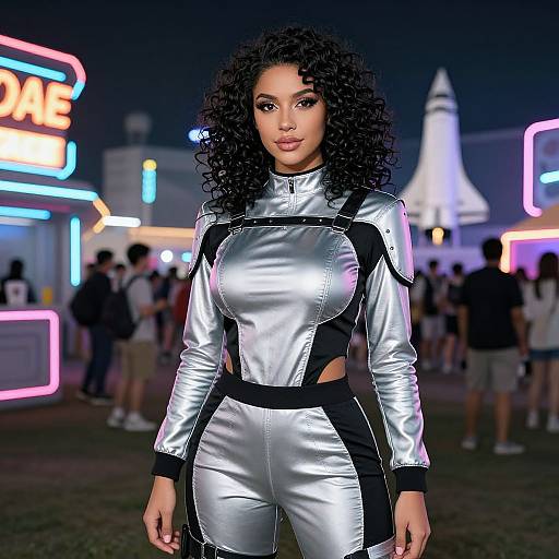 Photograph of a curvy woman with curly black hair in a shiny silver and black bodysuit, standing in a neon-lit night scene with