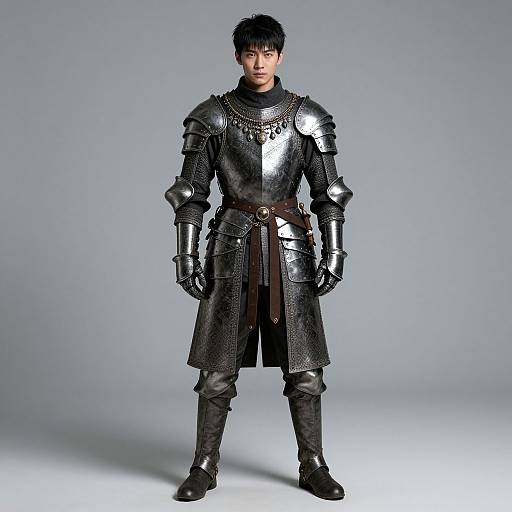 Photorealistic CGI of a young Asian man in full black medieval knight armor, standing against a plain gray background.