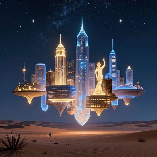 Glowing futuristic cityscape with floating illuminated skyscrapers, a lit statue, and a starry night sky, set in a desert landscape.