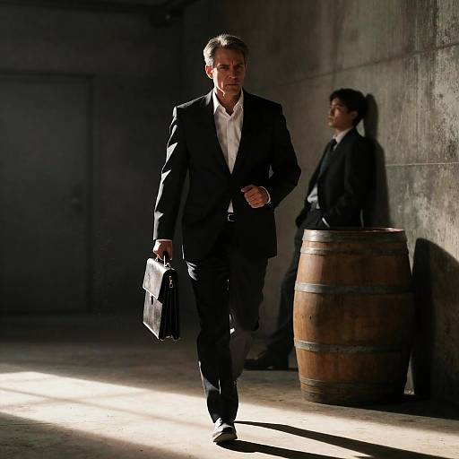 Dynamic Corridor Chase in Business Attire