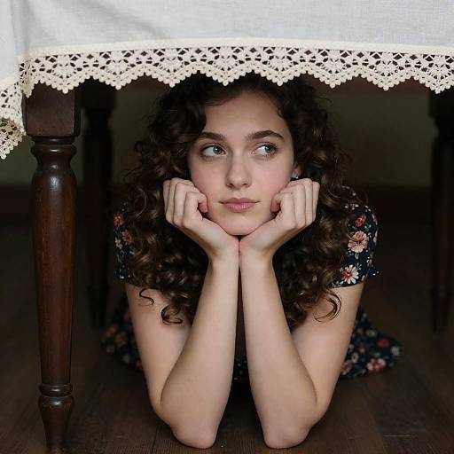 Curious Young Woman Under Tablecloth