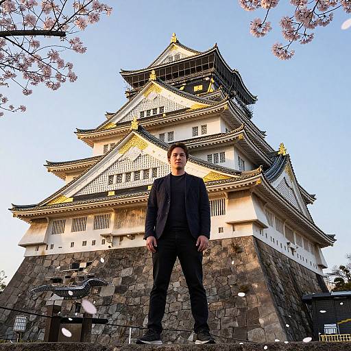 Photograph of a young Asian man in black attire standing confidently in front of a towering, ornate Japanese castle with cherry blossoms in the foreground.