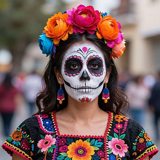 Photograph of a woman with Day of the Dead face paint, colorful flower crown, and vibrant embroidered dress, standing in a blurred outdoor crowd.