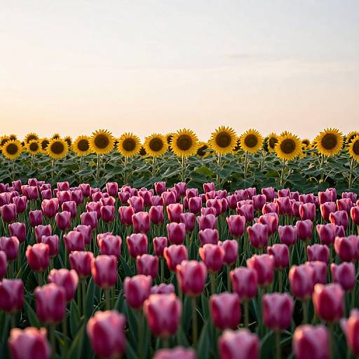 Sunset Tulip Field with Sunflower