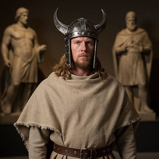 Photograph of a bearded man in Viking armor with horned helmet, beige tunic, and brown belt, standing in front of two stone statues