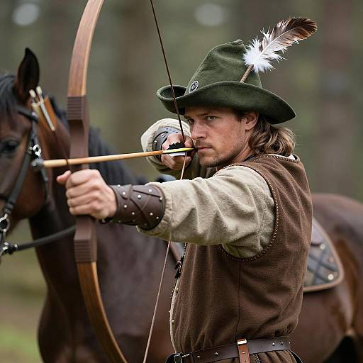 Medieval Archer Drawing Bow with Feathered Hat