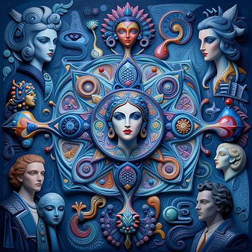 Surreal digital art: Blue and purple-toned, symmetrical composition with stylized, faceless central figure surrounded by six detailed, colorful masks