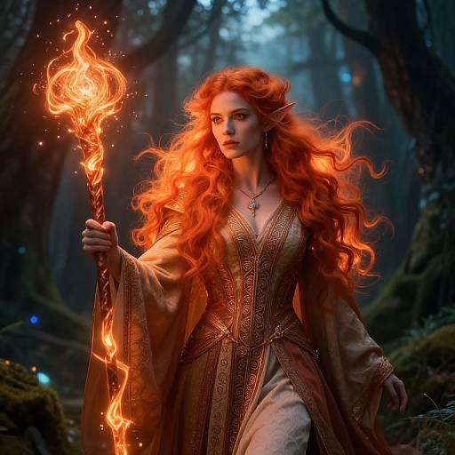 Digital fantasy artwork of a red-haired, elven woman with long, flowing hair, holding a fiery staff in a mystical forest. She wears an orn