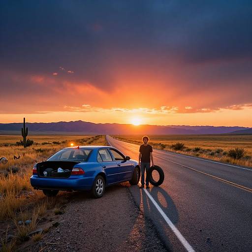 Photograph of a blue sedan parked on a deserted desert road at sunset, with a person standing beside it, facing the vibrant orange and purple sky.
