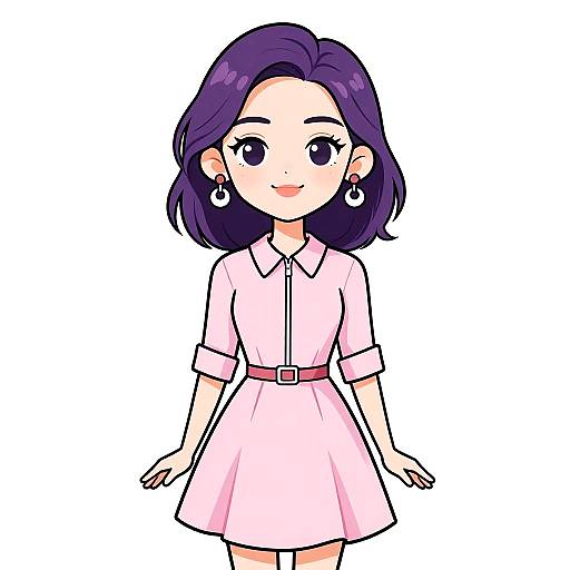 Digital anime-style drawing of a cute young woman with purple hair, wearing a pink dress, white blouse, and white earrings.