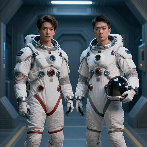 Two Men in Futuristic Spacesuits in Metallic Tunnel