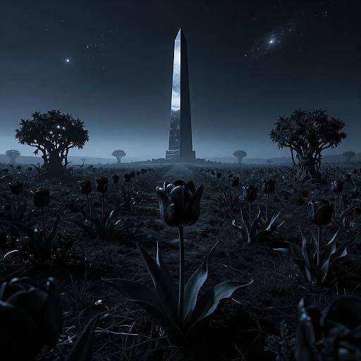 Digital artwork: A glowing, tall obelisk stands in a dark, moonlit field with silhouetted trees and flowers, under a star