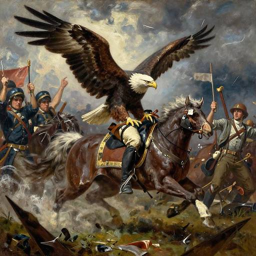 Dramatic painting of a battle scene featuring a majestic bald eagle riding a galloping horse, surrounded by soldiers with raised swords.