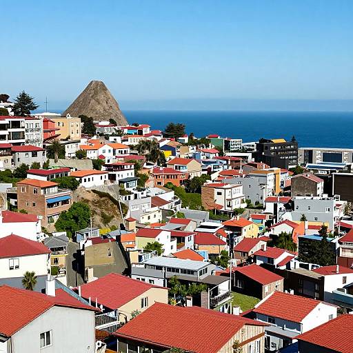 Colorful aerial photograph of a coastal town with red-tiled roofs, white and pastel buildings, a prominent hill, and the blue ocean in the