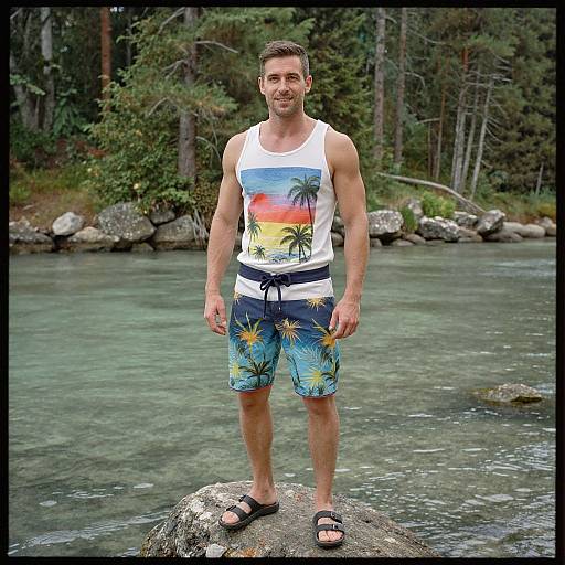 Photograph of a muscular man with short brown hair, wearing a white tank top with palm tree sunset print, blue floral shorts, black sandals, standing