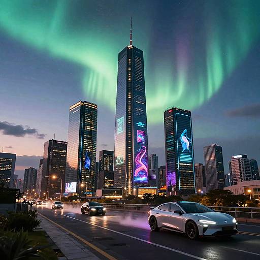 Aurorapunk City Skyline at Dusk