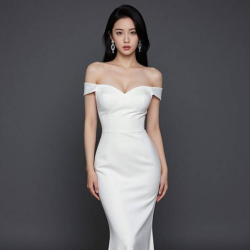 Photograph of an Asian woman with long black hair, wearing a white off-shoulder satin dress, standing against a dark gray background.