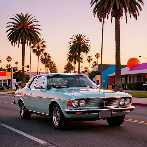 Photograph of a mint-green vintage sedan driving on a palm-tree-lined street at sunset, with a colorful building and sunset sky in the background.