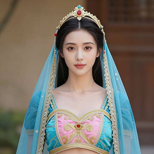 Elegant Woman in Embroidered Blue Dress