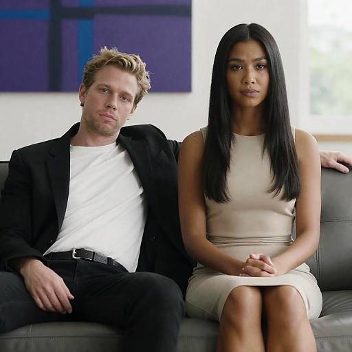 Relaxed Couple on Gray Leather Couch
