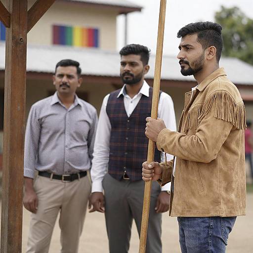 Three Men by Rustic Wooden Structure