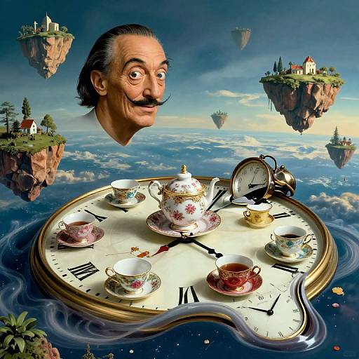 Photorealistic digital art: A mustachioed man's head hovers above a floating clock tray with teacups, surrounded by floating islands