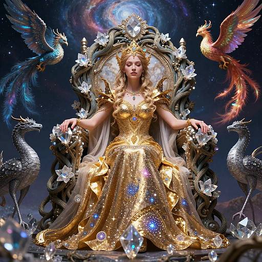 Digital artwork of a regal, blonde woman in a golden, jewel-embellished gown and crown, seated on an ornate throne, fl