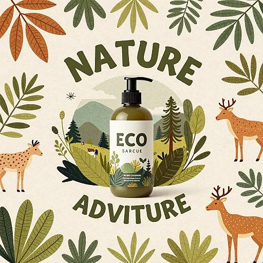 Digital illustration of a brown Eco Naturals pump bottle surrounded by stylized green, orange, and brown leaves, and two deer, with 