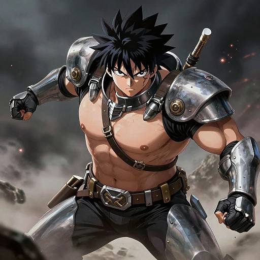 Digital anime artwork of a muscular, shirtless male warrior with spiky black hair, wearing metallic shoulder and arm guards, black pants, and a belt