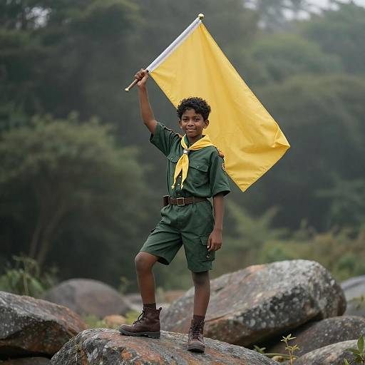 Confident Boy Scout in Misty Forest