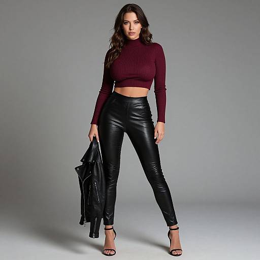 Photograph of a confident woman with long dark hair, wearing a maroon ribbed crop top, black leather pants, and high-heeled sandals,
