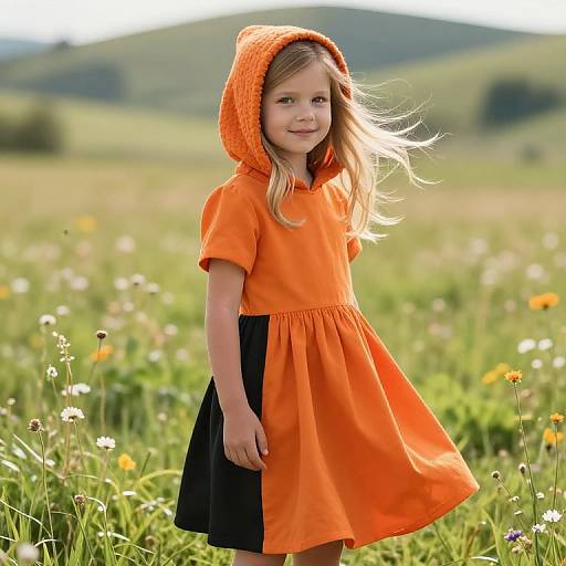 Photograph of a young girl with light brown hair, wearing an orange dress and hood, standing in a sunny meadow with wildflowers and green hills