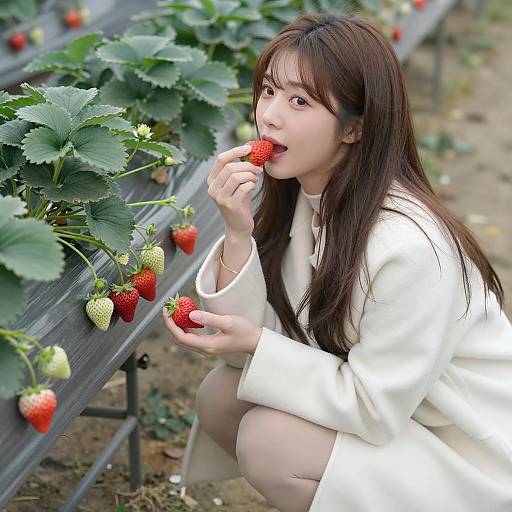 Asian Woman Enjoying Strawberries Outdoors