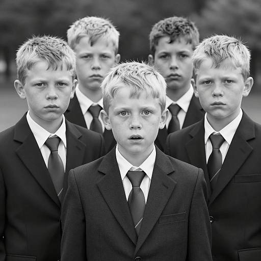 Black and white portrait of five boys in suits