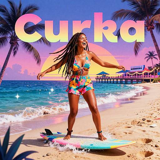 Joyful Surfer Girl on Tropical Beach at Dusk