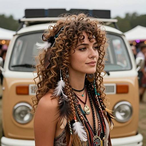 Photograph of a curly-haired woman with feather headbands and bead necklaces in front of a vintage tan Volkswagen bus. Festive outdoor setting.