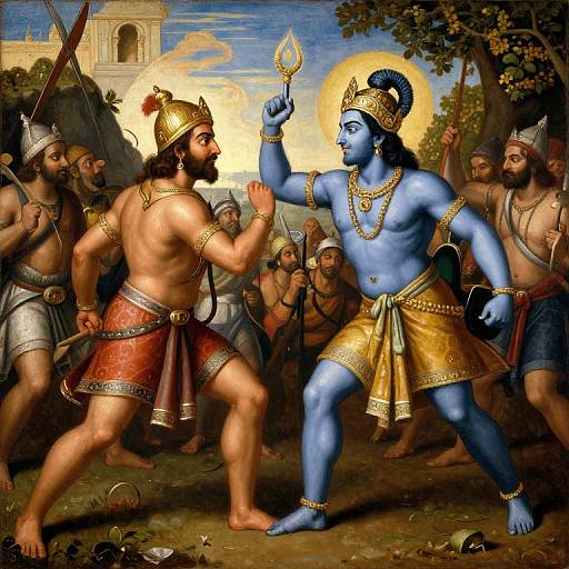 Epic Battle: Arjuna and Krishna in Oil