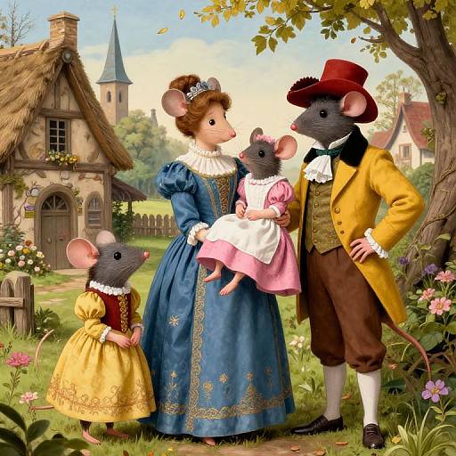 Digital illustration of anthropomorphic mice family in 18th-century attire: mother in blue dress, father in yellow coat, holding daughter in pink dress,