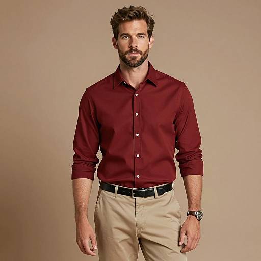 Man in Red Shirt and Beige Pants