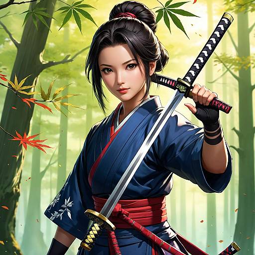 Digital art of an attractive Asian woman in a navy kimono, holding a katana, standing in a sunlit forest with autumn leaves.
