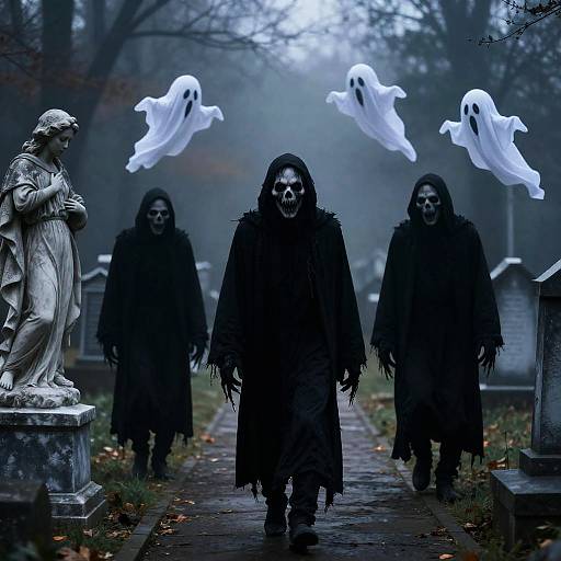 Scary Ghouls on Misty Cemetery Path