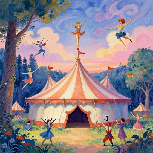 Whimsical illustration of children in colorful clothes dancing around a pink-and-white circus tent in a vibrant, magical forest at sunset.