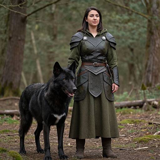 Photograph of a dark-haired woman in medieval-style green armor and skirt, standing in a forest with a black wolf by her side.