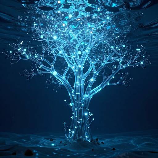 Photograph of a glowing blue neon tree with intricate branches and illuminated fairy lights against a dark blue background.