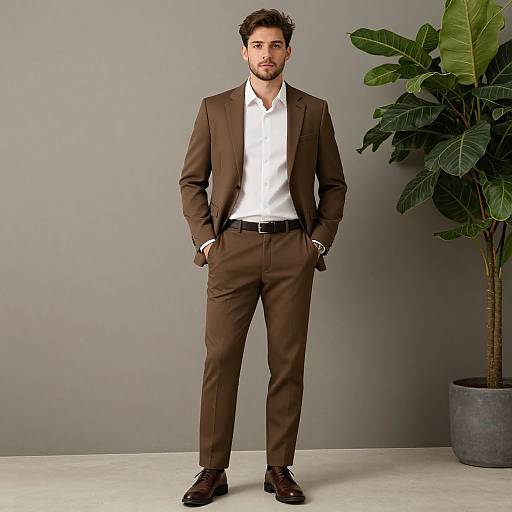 Photograph of a handsome man with dark curly hair and beard, wearing a brown suit, white shirt, and black shoes, standing with hands in pockets