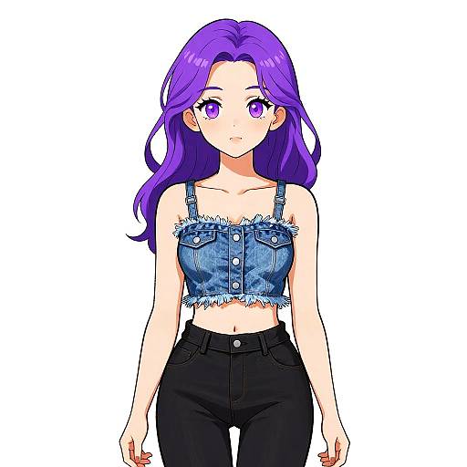 Digital anime-style drawing of a young woman with long purple hair, purple eyes, wearing a blue denim crop top and black jeans, standing against a plain