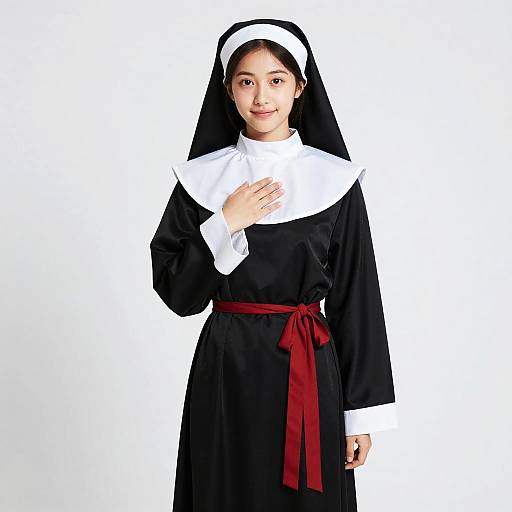 Young Woman in Nun Costume with Red Ribbon